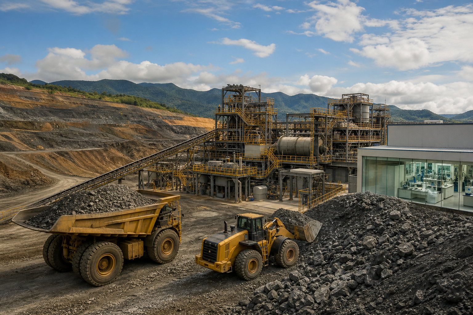 Operação de mineração e processamento de minerais estratégicos em instalação industrial brasileira.