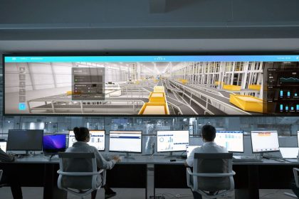 Pessoas monitoram sistemas e grandes painéis digitais em uma moderna sala de controle.